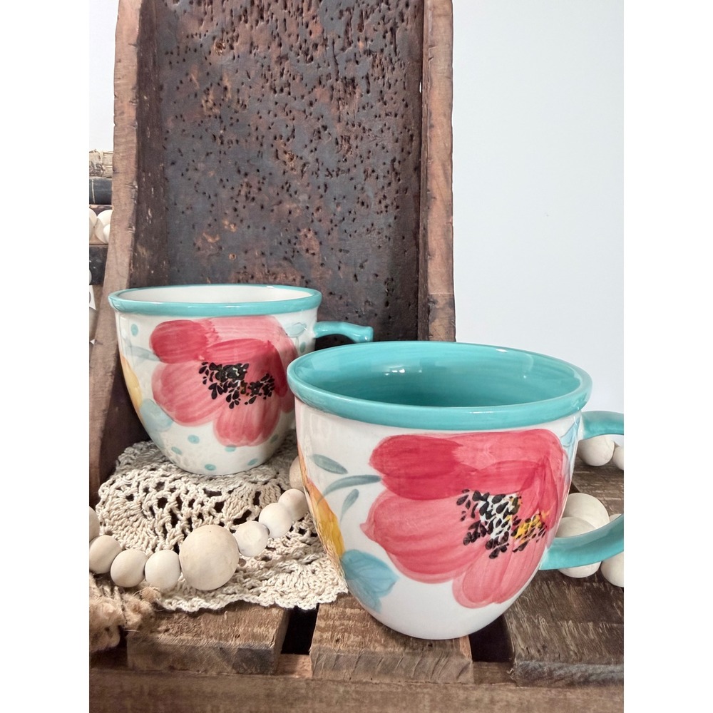 Pioneer Woman Vintage Bloom Floral Mugs Set of 2 16 oz Coffee Cups Ceramic